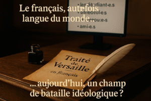 Image contrastant le passé diplomatique de la langue française avec ses usages modernes : un traité ancien marqué "Traité de Versailles en français", posé sur un bureau avec une plume, tandis qu’un écran affiche des mots en écriture inclusive.