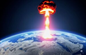 Vue satellite dramatique de l’Iran sous les bombes, avec des explosions massives à Fordow, Natanz et Isfahan. Un immense champignon nucléaire s’élève, illuminant le Moyen-Orient d’une lueur rouge sang.