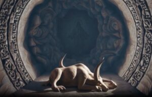 Représentation symbolique de Mithra et Jésus : le premier dans une grotte obscure avec un taureau sacré, le second dans la lumière entouré de fidèles. Deux visions spirituelles opposées, deux chemins vers le divin.