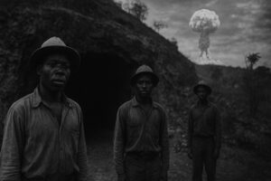Mineurs congolais devant une mine d’uranium au Congo belge, avec une explosion nucléaire en arrière-plan