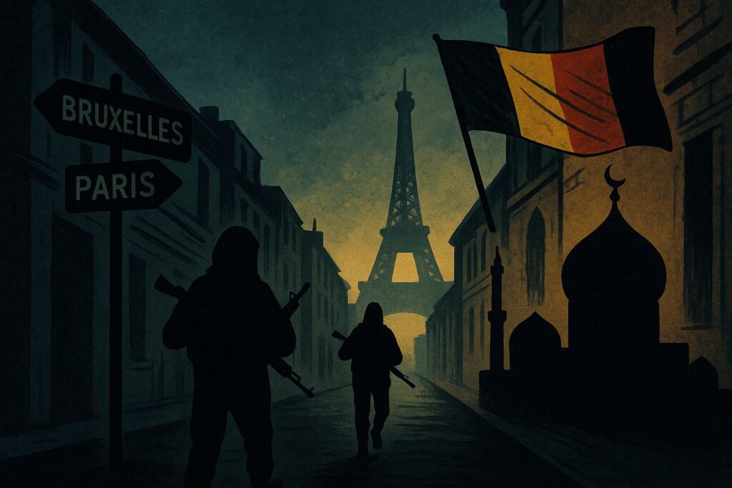 Illustration symbolique d’une ruelle sombre aux allures bruxelloises, représentant la Belgique comme base arrière discrète des attentats de Paris.