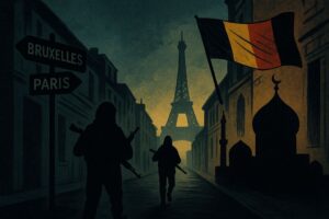 Illustration symbolique d’une ruelle sombre aux allures bruxelloises, représentant la Belgique comme base arrière discrète des attentats de Paris.