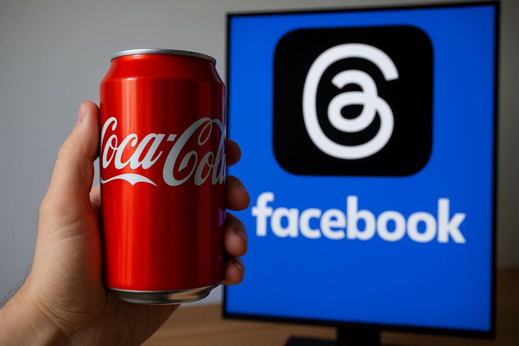 Une main tenant un Coca-Cola devant un écran avec le logo Facebook et Threads.