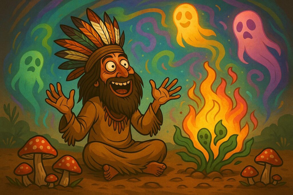 Un chaman amérindien halluciné, en pleine transe, entouré d’esprits colorés et de visions mystiques après ingestion de champignons hallucinogènes.