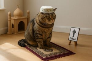 Chat assis sur un tapis de prière miniature, portant une petite coiffe traditionnelle, avec une maisonnette en forme de mosquée en arrière-plan. Illustration absurde et satirique d’une scène religieuse appliquée à un animal.