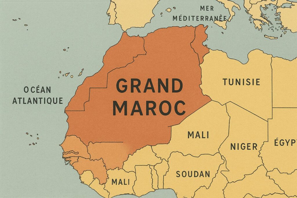 Carte imaginaire représentant un « Grand Maroc » englobant l’Ouest algérien et une partie du Sahara, dans une uchronie où la colonisation française n’aurait jamais eu lieu.