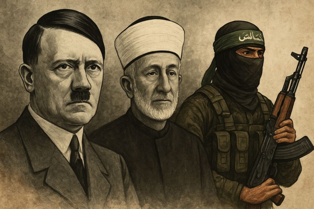 Adolf Hitler, le Mufti de Jérusalem Amin al-Husseini, et un combattant du Hamas.