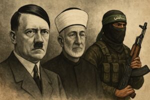 Adolf Hitler, le Mufti de Jérusalem Amin al-Husseini, et un combattant du Hamas.