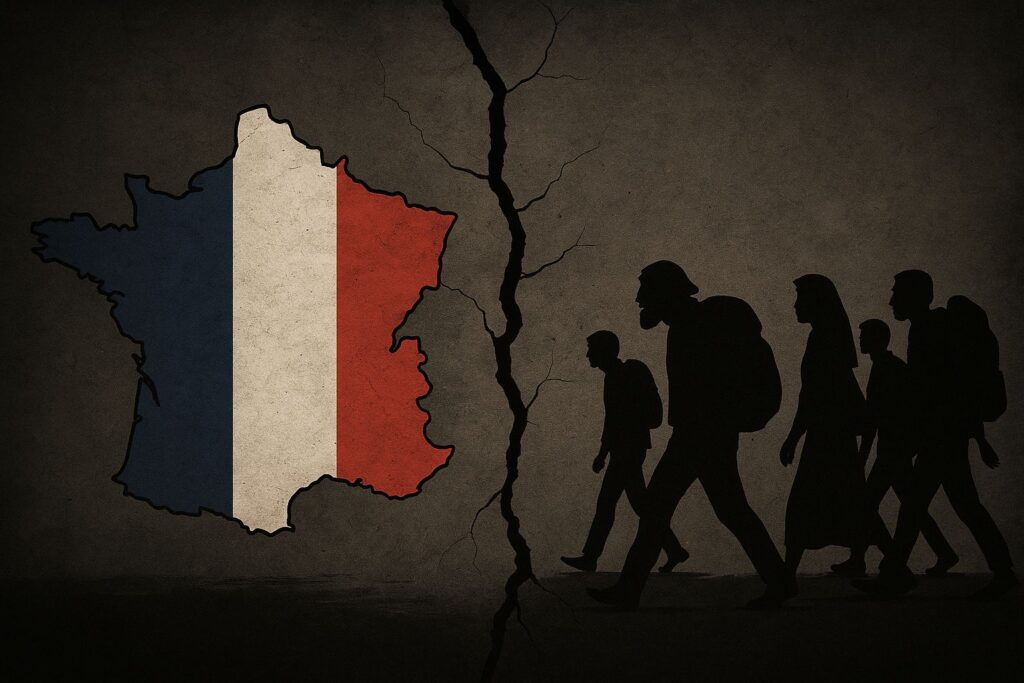 Image symbolique représentant la fracture identitaire en France liée à l’immigration algérienne, avec une opposition visuelle entre la République et les flux migratoires.