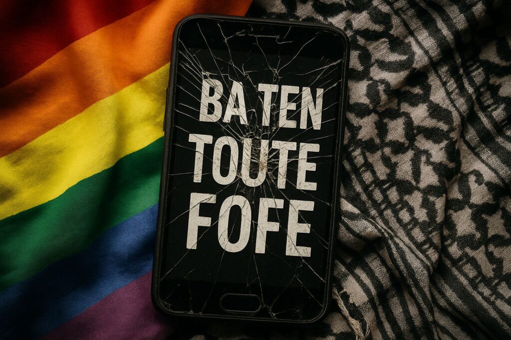 Insulte avec fautes d’orthographe affichée sur un smartphone, en fond les symboles mêlés du militantisme LGBT et pro-palestinien. Illustration du chaos verbal de certains extrêmes.