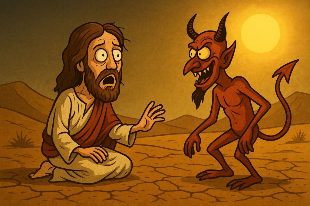 Jésus halluciné dans le désert face à une vision du diable. Une illustration décalée et sarcastique sur l’origine mystique d’un des récits les plus célèbres du Nouveau Testament.