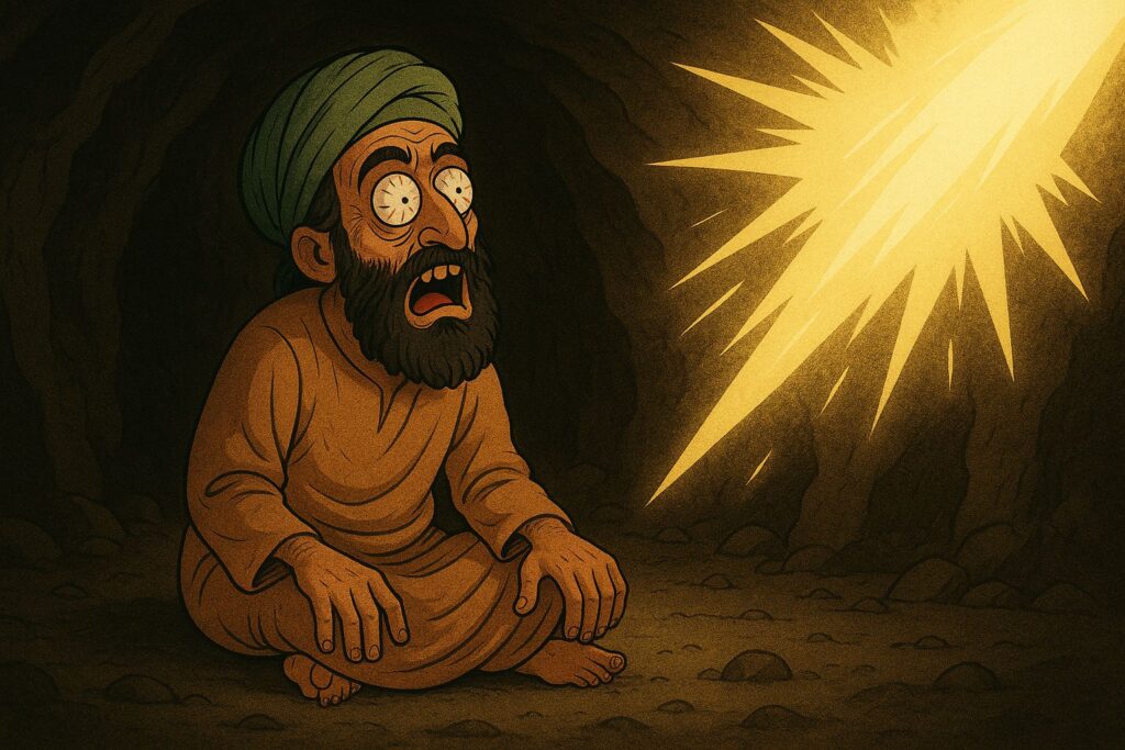 Mahomet hallucine dans une grotte, ébloui par une lumière divine, sous influence mystique. Une vision humoristique et décalée de la naissance de l’islam.