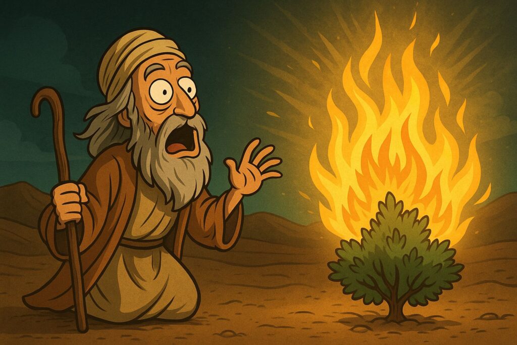 Moïse halluciné dans le désert, fixant un buisson en feu qui lui parle. Illustration décalée et sarcastique sur l’origine mystique de l’un des récits les plus célèbres de la Bible.