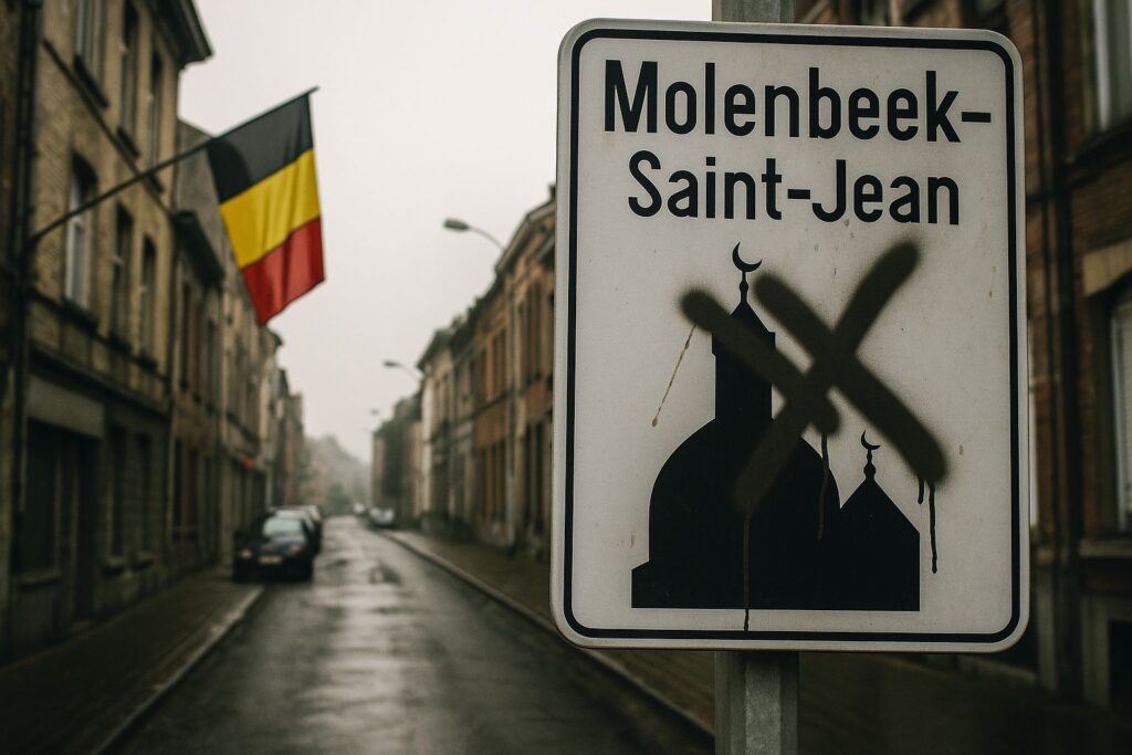 Photographie d’un panneau d’entrée de Molenbeek-Saint-Jean tagué d’une croix noire sur le symbole d’une mosquée, avec un drapeau belge flottant à l’arrière-plan