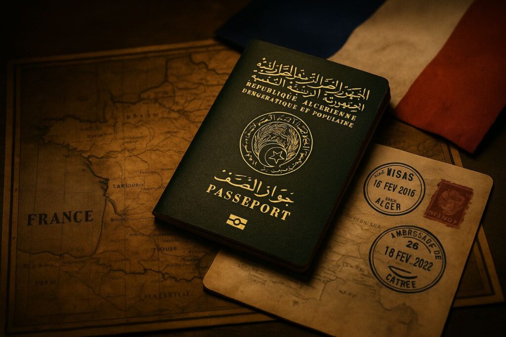 Passeport algérien posé sur une carte de France, à côté de tampons de visas français. Symbole visuel des accords migratoires de 1968 entre la France et l’Algérie.