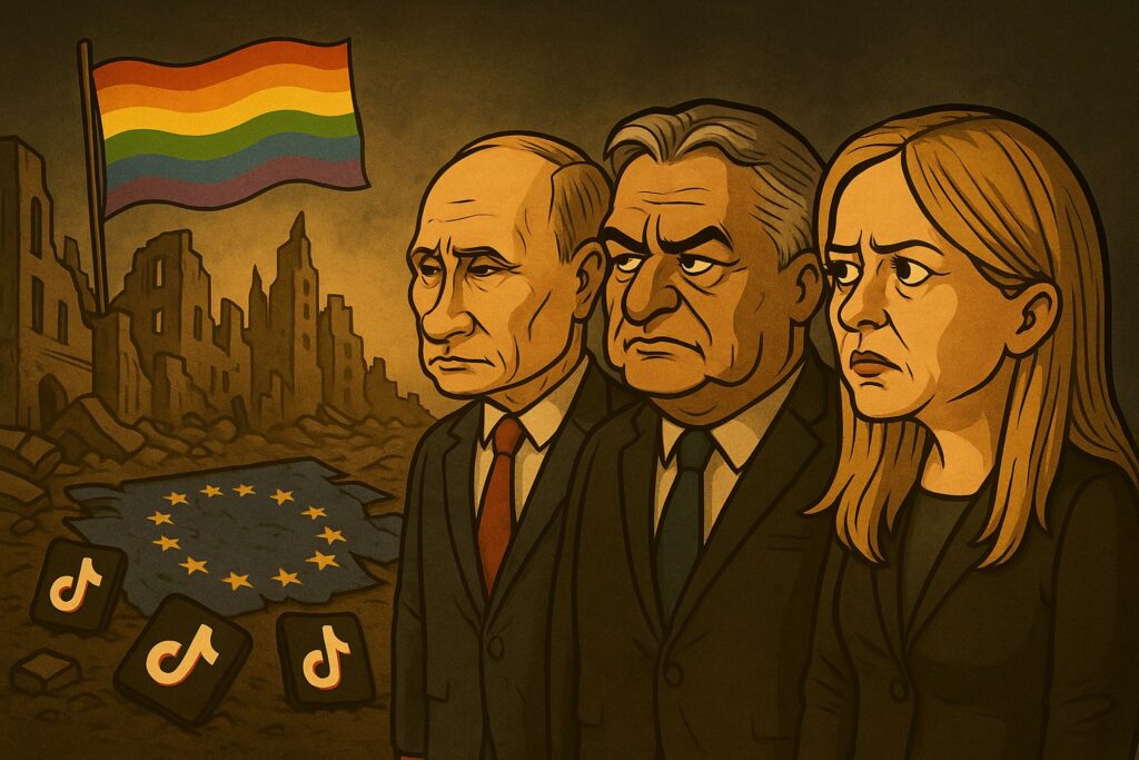 Poutine, Orbán et Meloni observant une Europe affaiblie, symbolisée par des ruines et des symboles woke. Illustration critique de la résistance conservatrice face au déclin occidental.