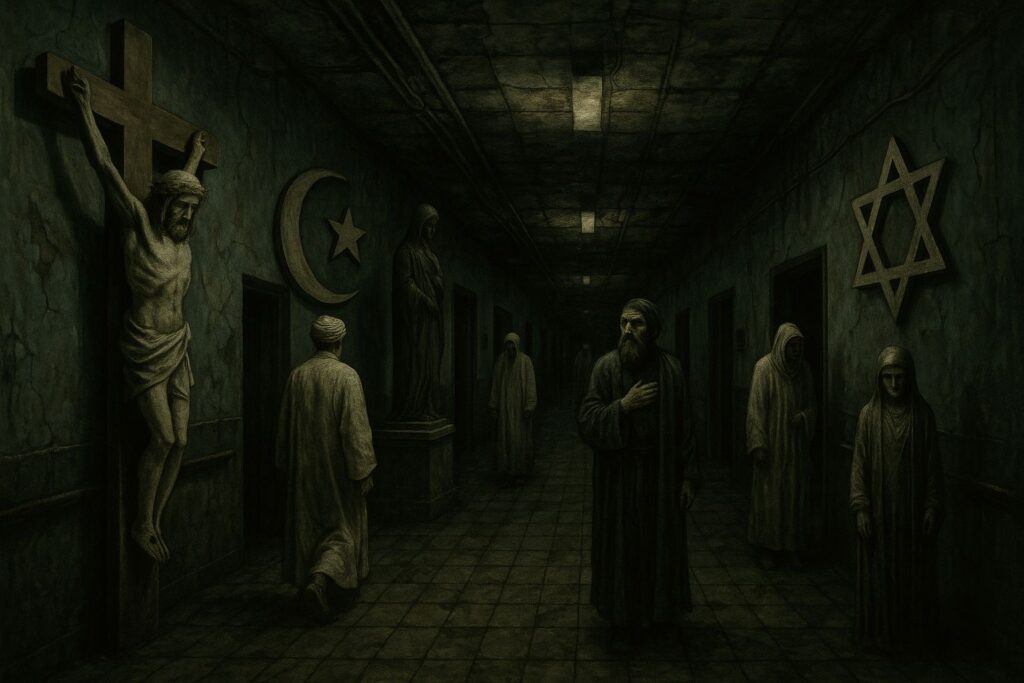 Couloir d’hôpital psychiatrique avec symboles religieux et figures errantes.