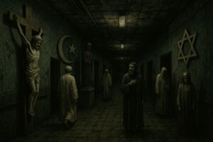 Couloir d’hôpital psychiatrique avec symboles religieux et figures errantes.