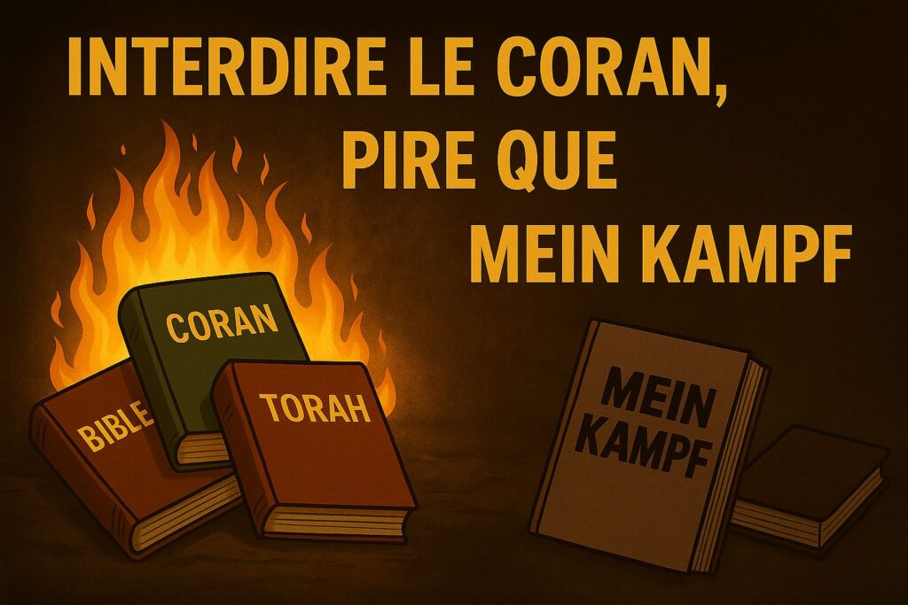 Illustration symbolique de trois livres : la Bible, le Coran, la Torah, posés sur une balance face à Mein Kampf.