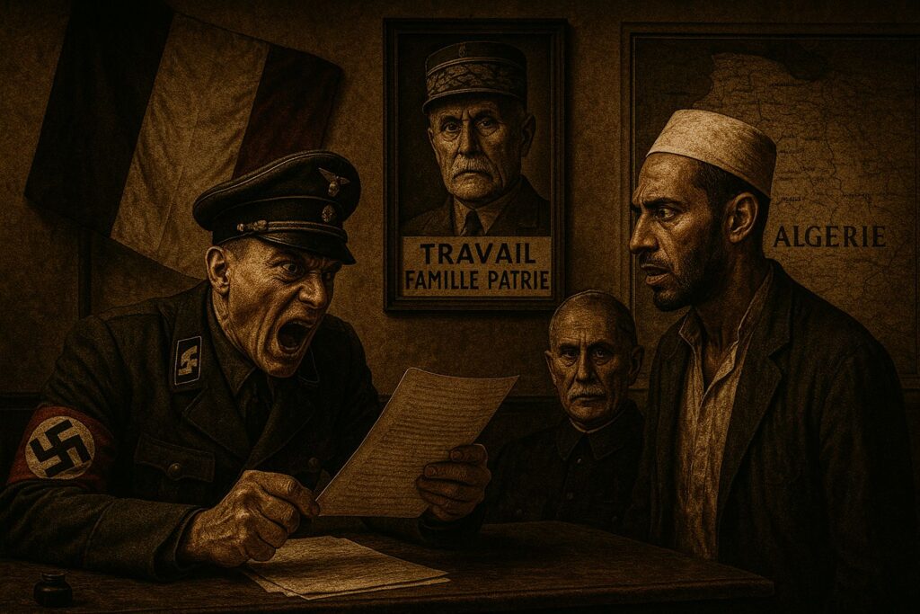 Propagande de Vichy dans un bureau colonial en Algérie, années 40, avec un drapeau français, une carte d’Afrique du Nord et un portrait de Pétain.
