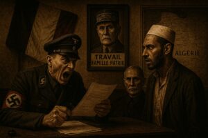 Propagande de Vichy dans un bureau colonial en Algérie, années 40, avec un drapeau français, une carte d’Afrique du Nord et un portrait de Pétain.
