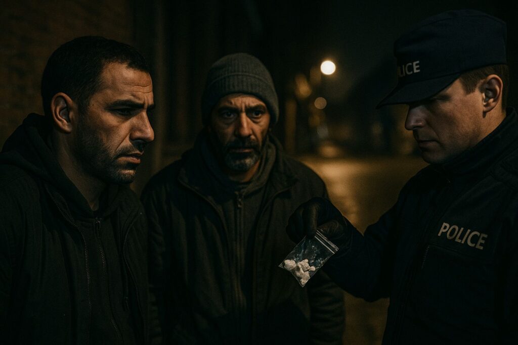 Scène nocturne en Belgique montrant deux hommes d’origine nord-africaine face à un policier tenant un sachet de drogue, illustrant les interventions liées au trafic impliquant des sans-papiers.