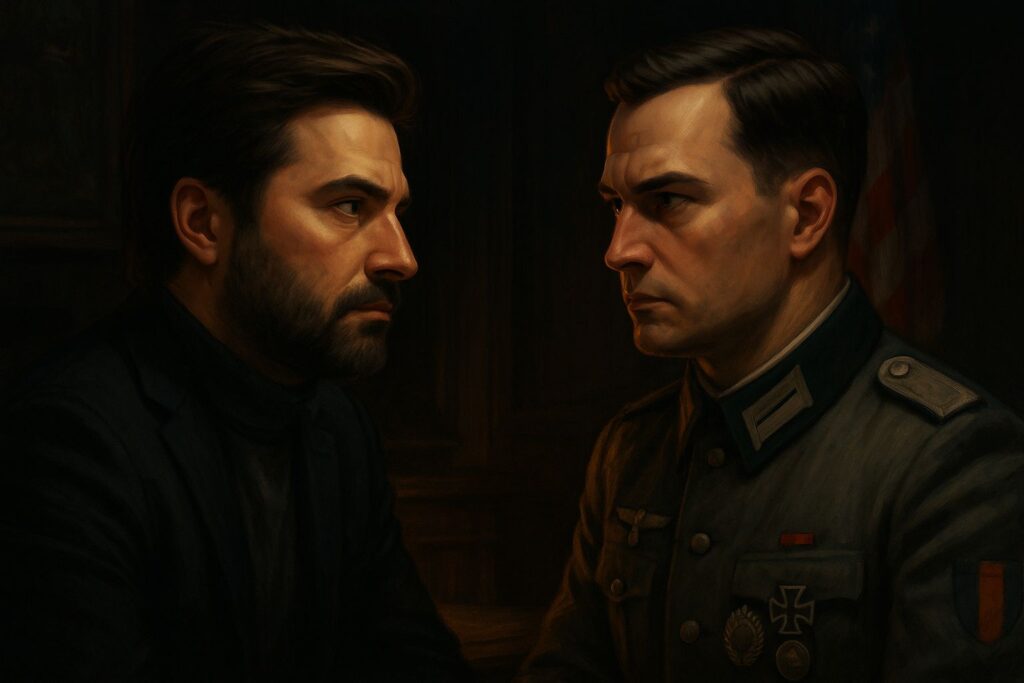 Illustration sombre en paysage : un homme en costume moderne face à un officier des années 40.