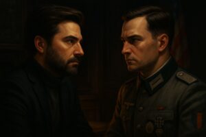 Illustration sombre en paysage : un homme en costume moderne face à un officier des années 40.