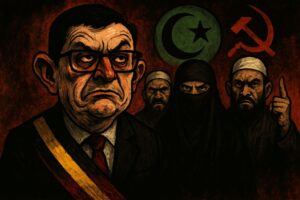 Caricature sombre et trash de Raoul Hedebouw portant une écharpe belge, entouré de figures islamistes et de symboles politiques, illustrant l’alliance controversée entre extrême gauche et islam politique en Belgique.