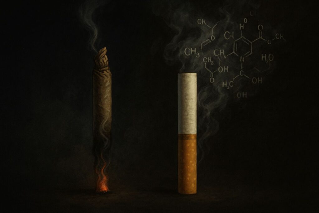 Illustration sombre représentant deux cigarettes : à gauche, une ancienne roulée à la main dégageant une fumée légère ; à droite, une cigarette moderne dégageant une fumée épaisse mêlée de symboles chimiques.