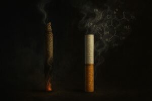 Illustration sombre représentant deux cigarettes : à gauche, une ancienne roulée à la main dégageant une fumée légère ; à droite, une cigarette moderne dégageant une fumée épaisse mêlée de symboles chimiques.
