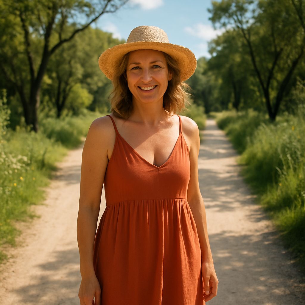 Femme souriante de 45 ans en robe d’été orange et chapeau de paille