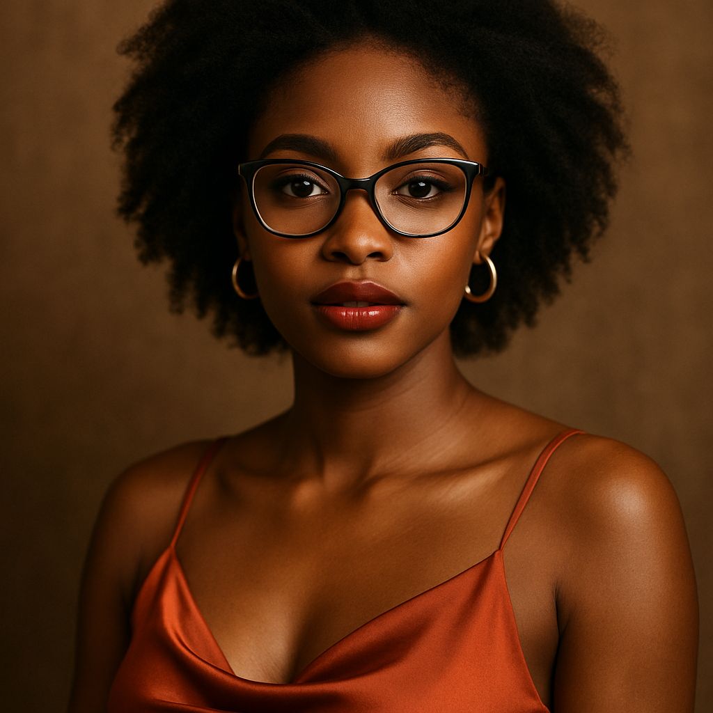 Naomi, femme africaine élégante avec lunettes, robe satin cuivre