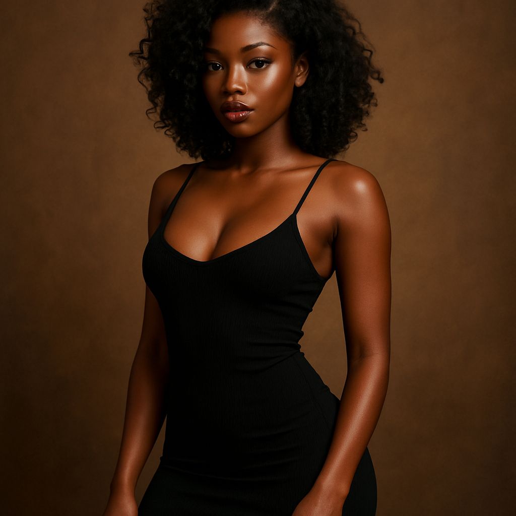 Aisha, femme noire séduisante en robe noire moulante