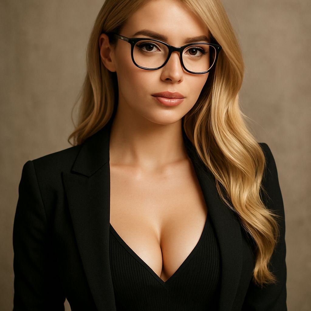 Clara, femme blonde élégante en tailleur noir et lunettes