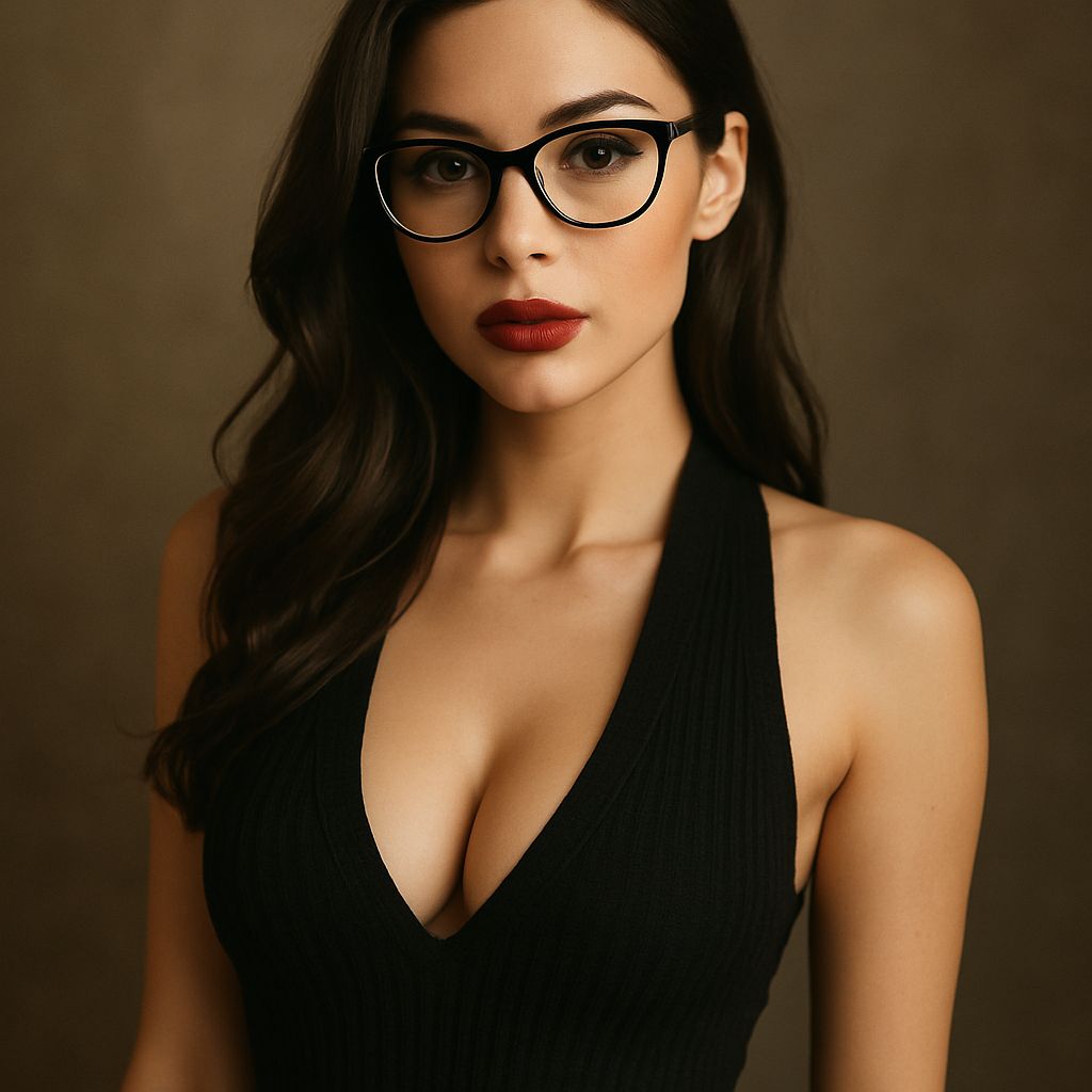 Elena, femme brune élégante avec lunettes et robe noire décolletée