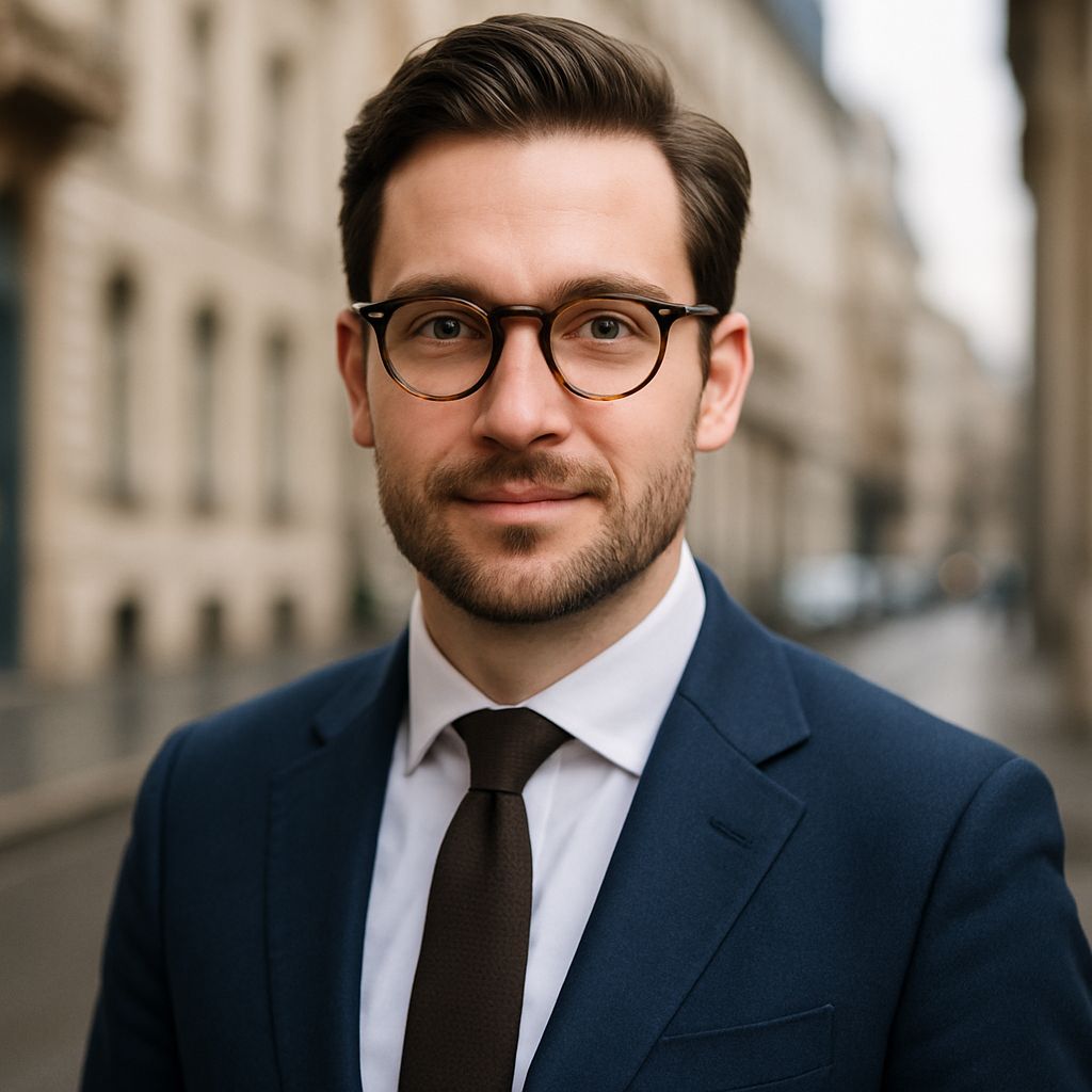 Julien, homme BCBG avec barbe, costume bleu marine et lunettes rondes