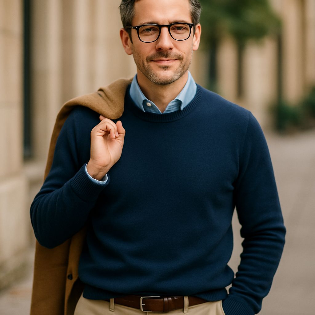 Homme élégant portant un pull bleu marine et des lunettes, marchant en ville