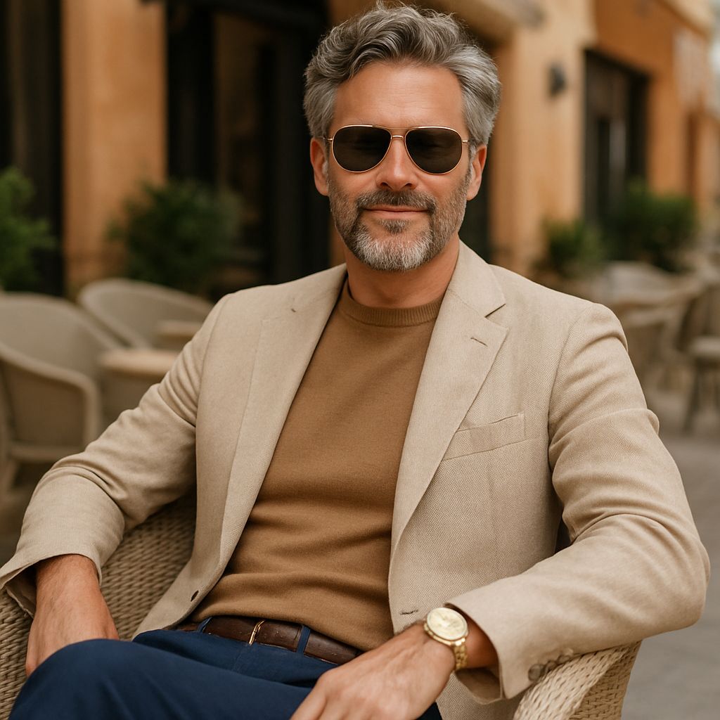 Marc, homme élégant en blazer beige et lunettes de soleil