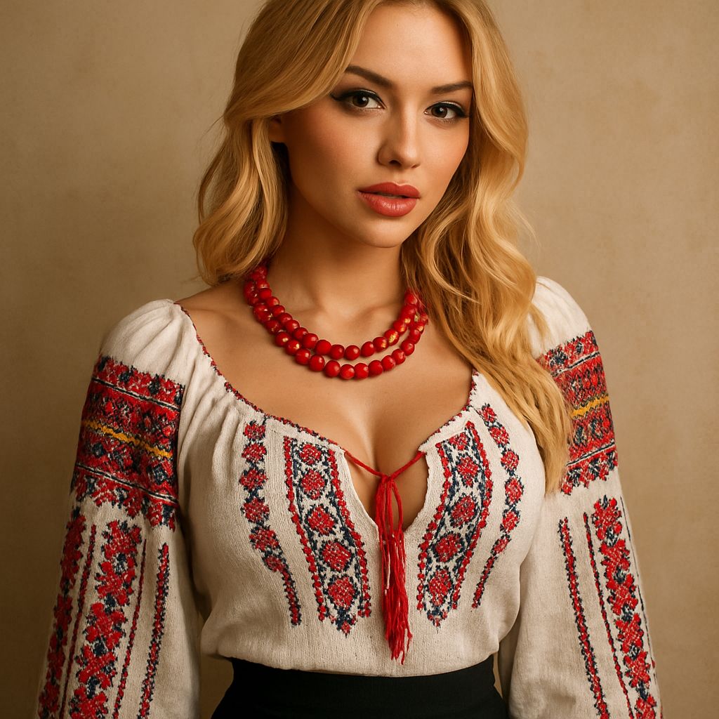 Kateryna, jeune femme blonde en tenue traditionnelle brodée