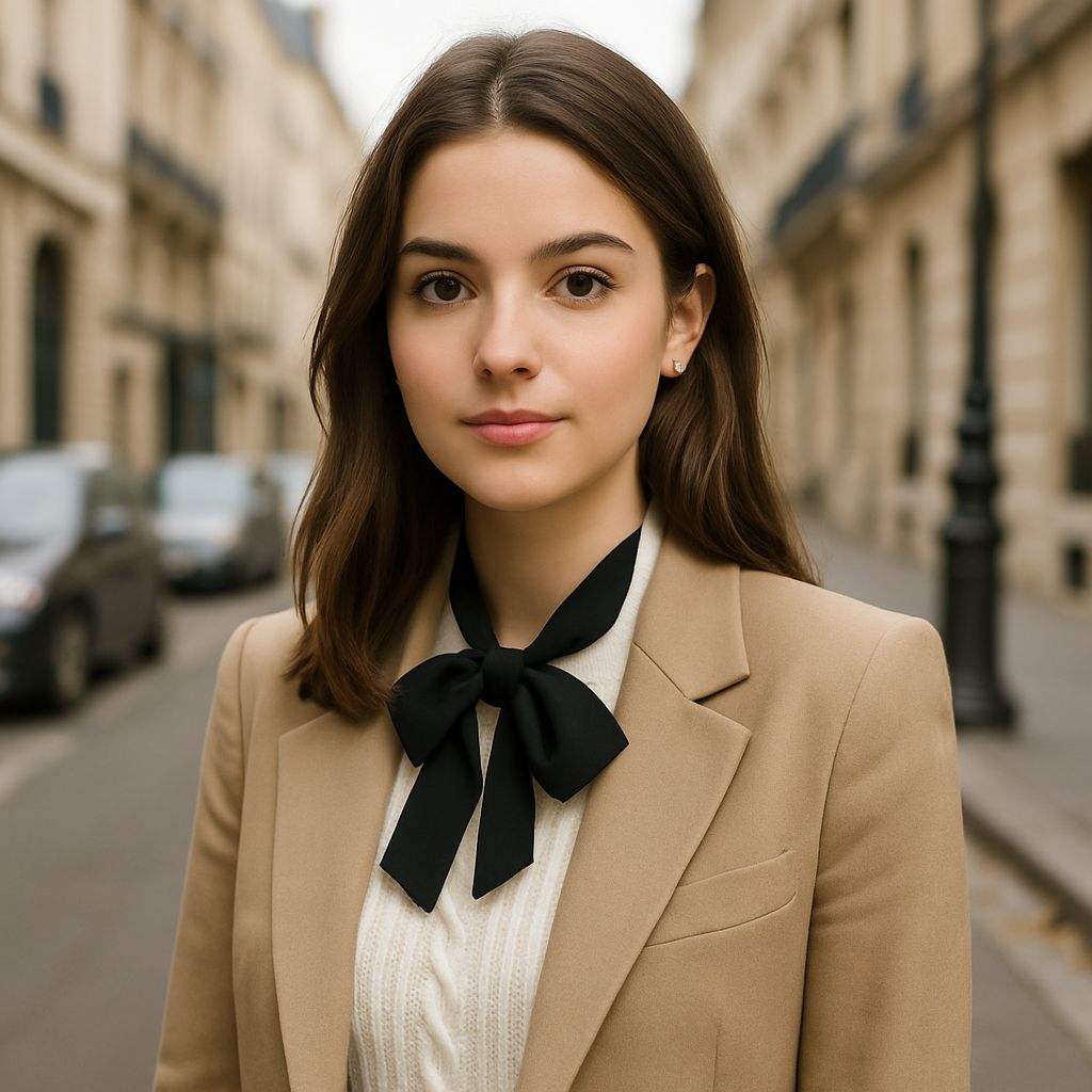 Camille, jeune femme libérale de droite, cheveux bruns, blazer beige et chemisier blanc avec nœud noir