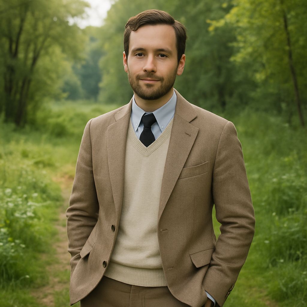 Jeune homme élégant en costume beige dans un parc verdoyant