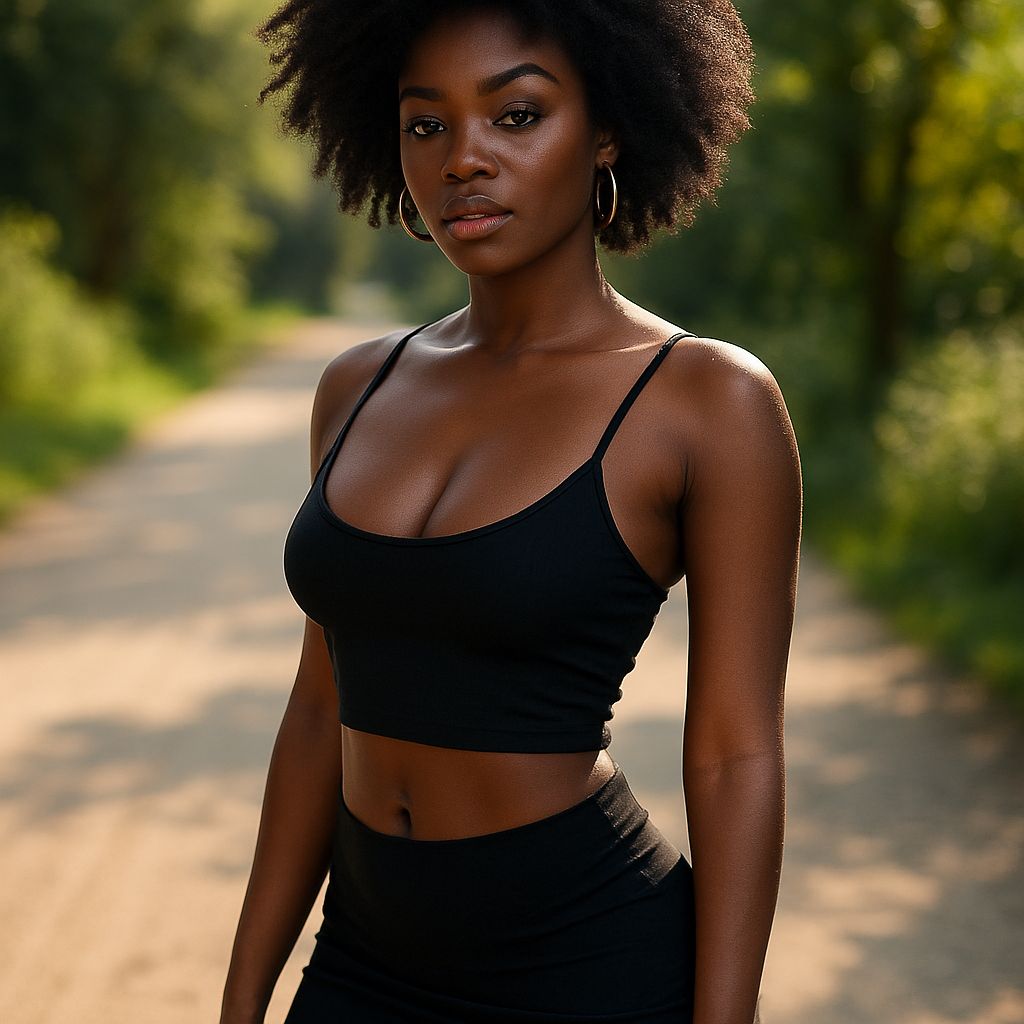 Jeune femme noire élégante en tenue noire ajustée
