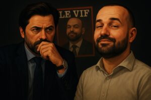 Georges‑Louis Bouchez et Vincent Flibustier, illustration sombre en mode caricature, liée à l’affaire Le Vif et au journalisme militant en Belgique.