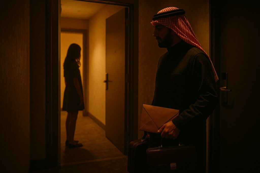 Couloir d’hôtel sombre : homme saoudien avec keffieh face à la silhouette d’une jeune femme dans l’embrasure d’une porte