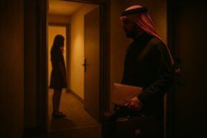 Couloir d’hôtel sombre : homme saoudien avec keffieh face à la silhouette d’une jeune femme dans l’embrasure d’une porte