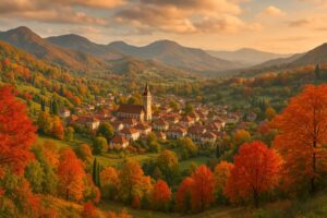 Vue panoramique d’un village d’Europe de l’Est à l’automne
