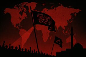 Affiche de propagande sombre représentant l’expansion mondiale de l’islamisme