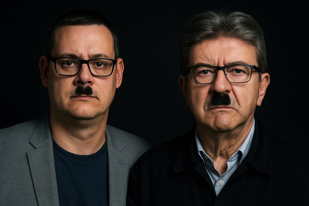 Raoul Hedebouw et Jean-Luc Mélenchon avec moustache Hitler